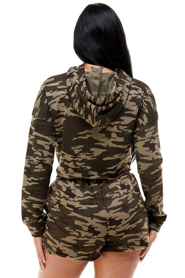 Fleece Crop Camo Hoodie with Short Lounge Set