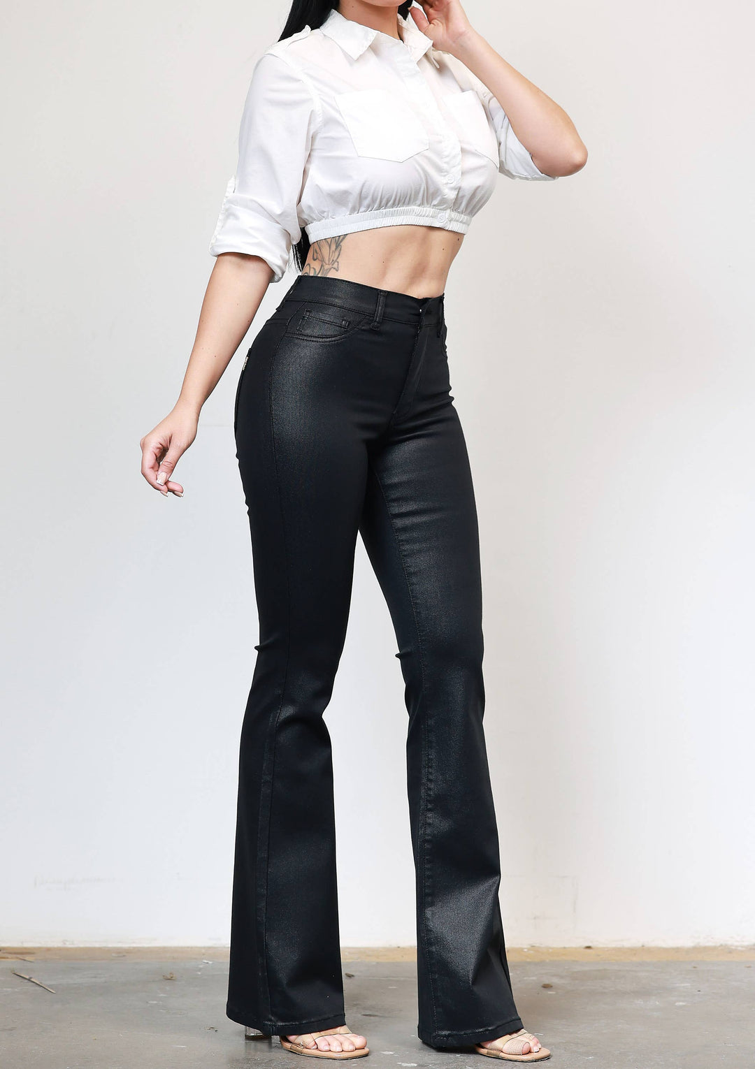 BLACK COATED FLARE JEAN