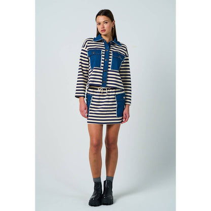 Striped Button Down with Denim Details