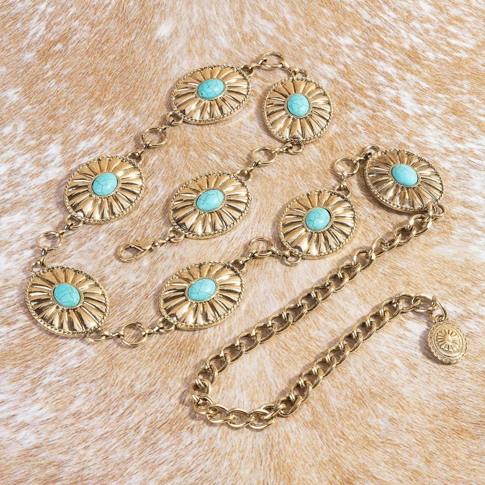 Turquoise Western Concho Disc Hoop Chain Belt