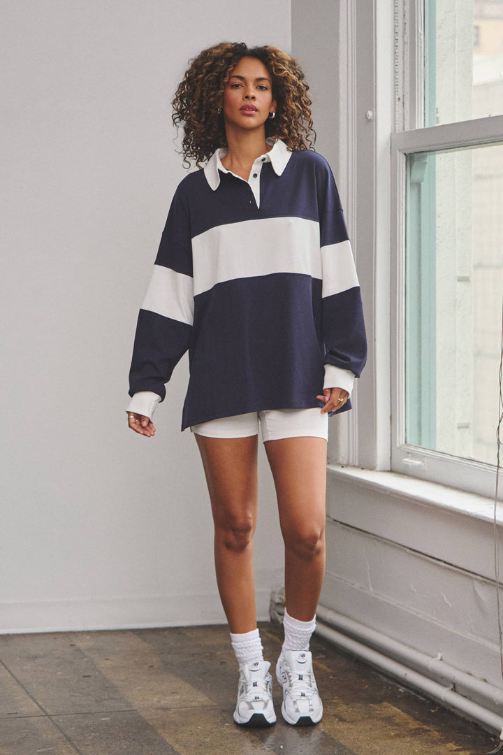 Stripe rugby polo top & biker shorts set