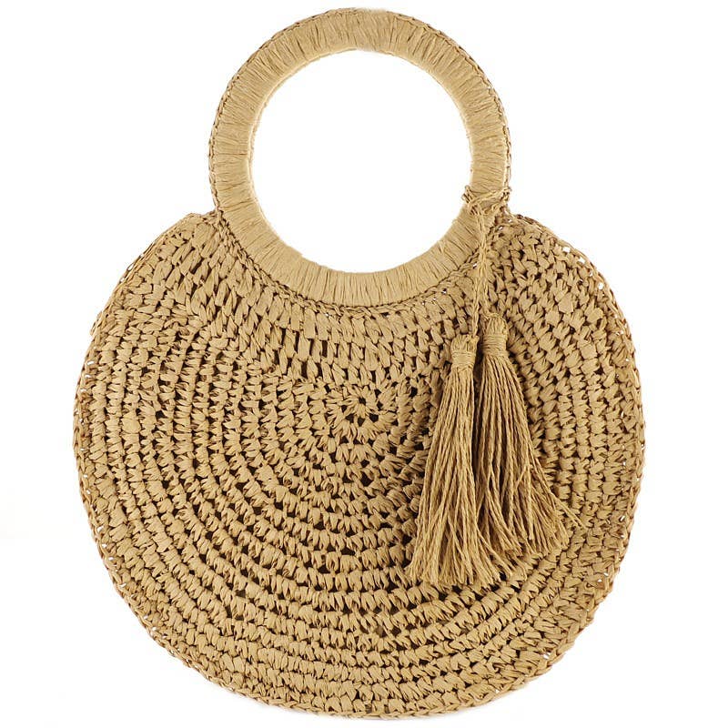 Tassel Woven Rattan Straw Wicker Shoulder Round Tote