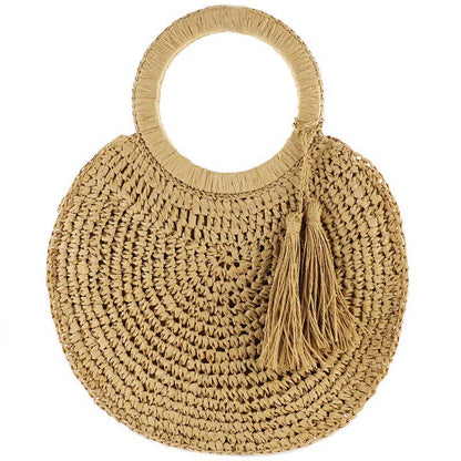 Tassel Woven Rattan Straw Wicker Shoulder Round Tote