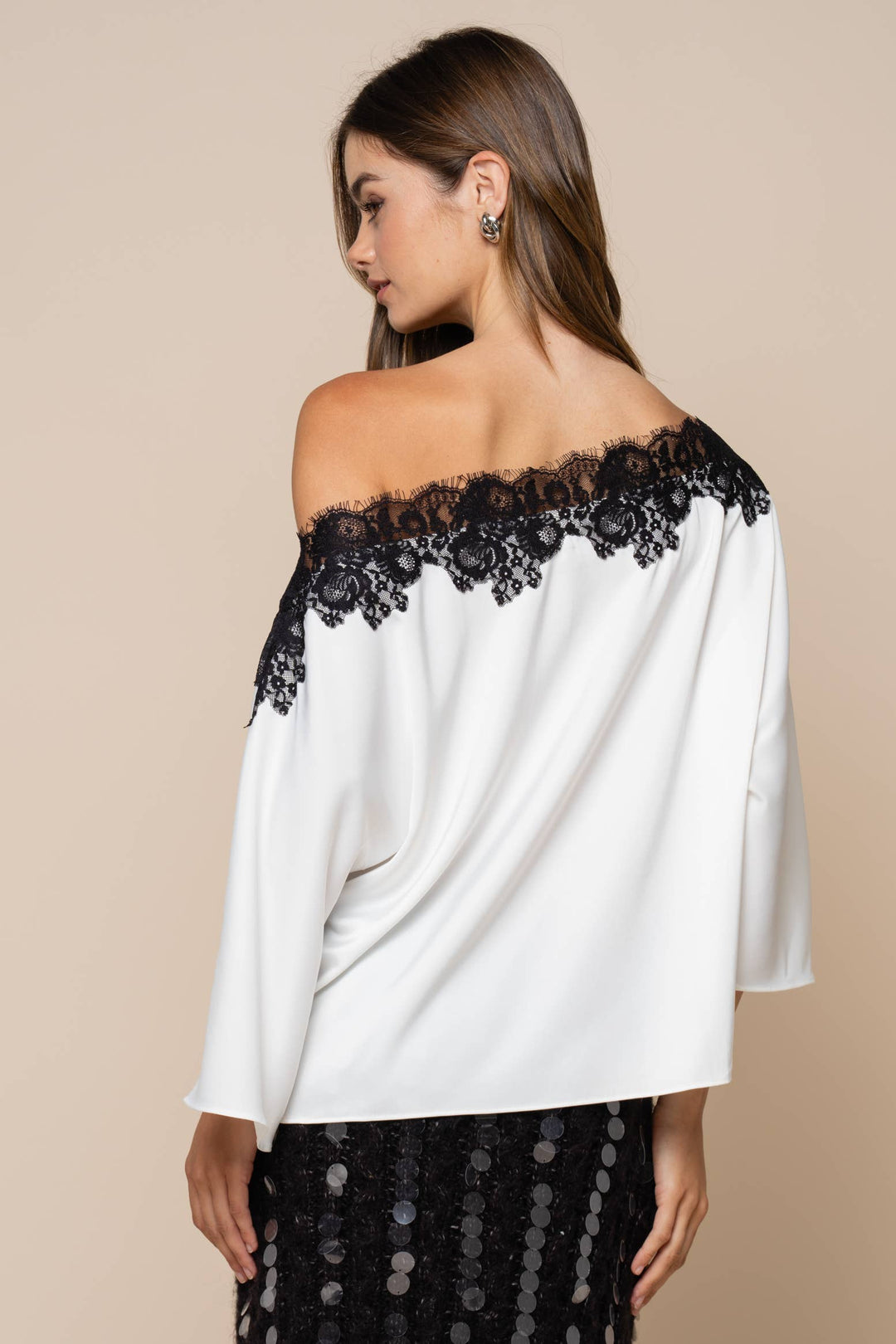 Lace Trim Off Shoulder Satin Top