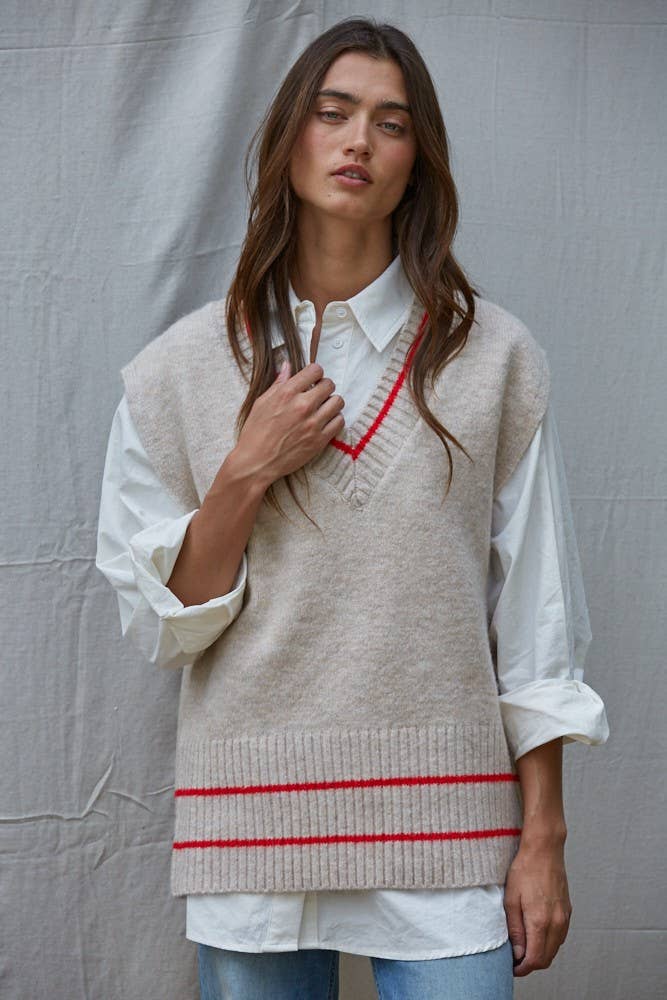 Striped V-Neck Sleeveless Knit Vest