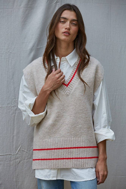Striped V-Neck Sleeveless Knit Vest
