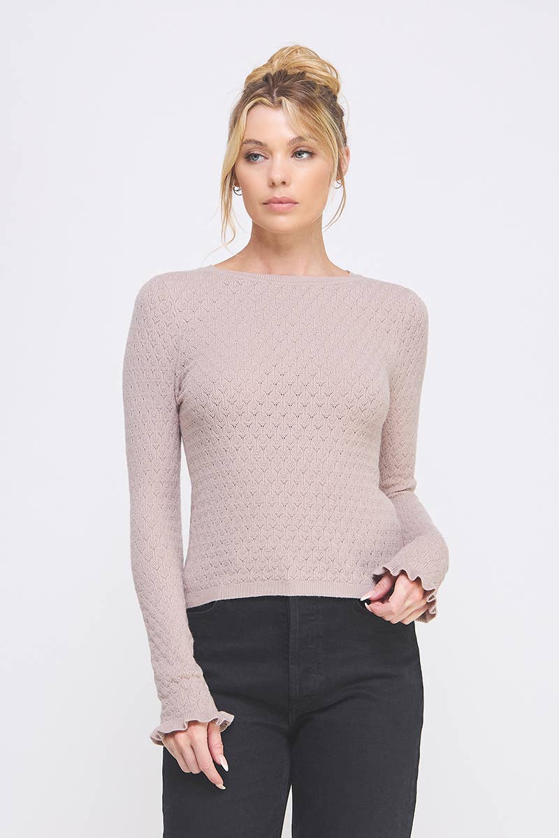 Pointelle Knit Top with Ruffle Sleeve