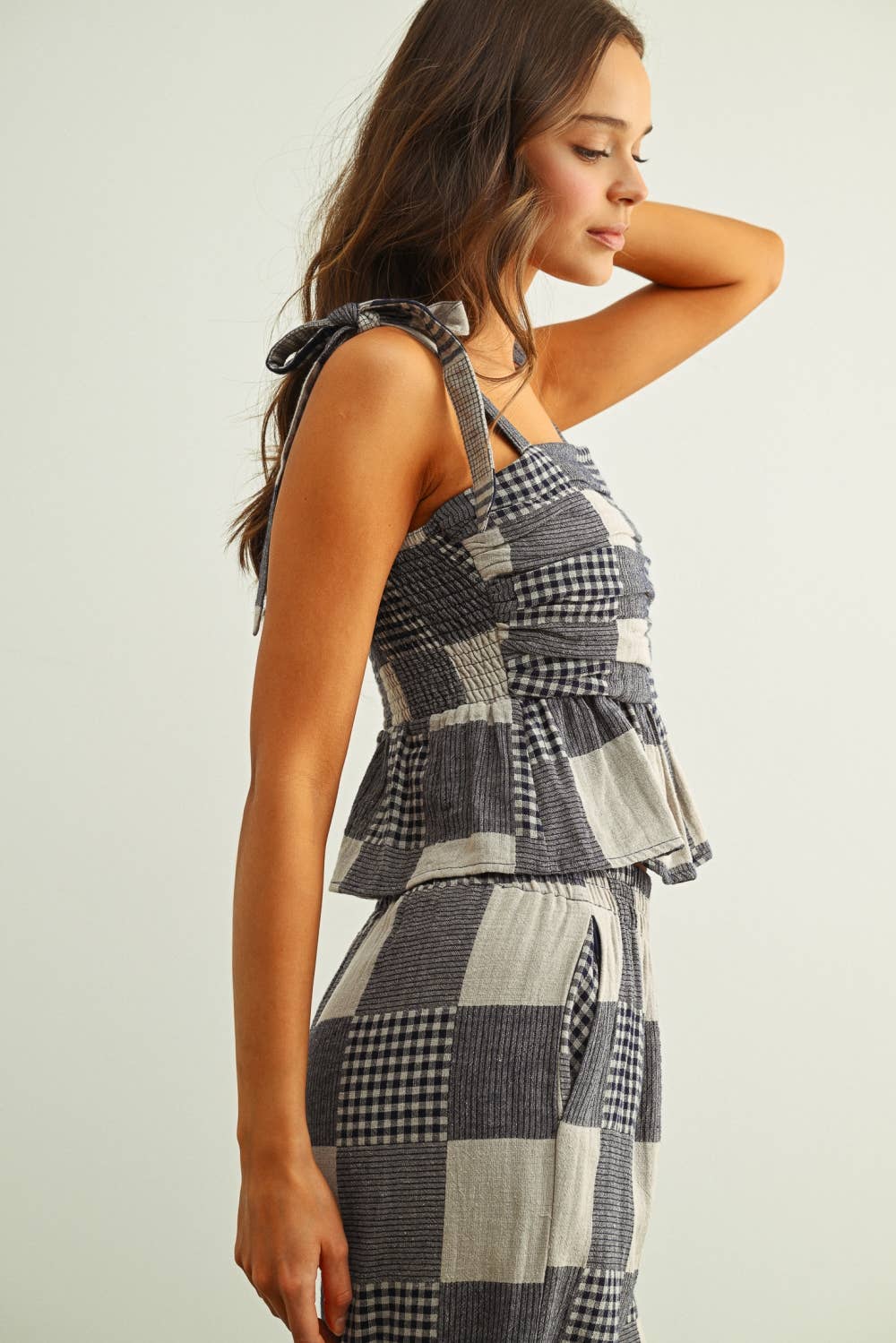 NAVY GINGHAM AND STRIPE PATCH EFFECT TOP