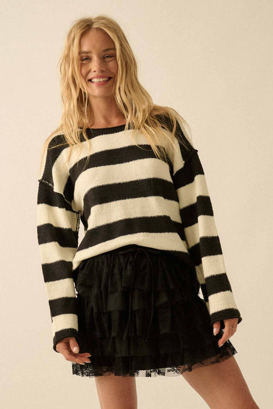 Textured Striped Knit Rolled-Edge Sweater