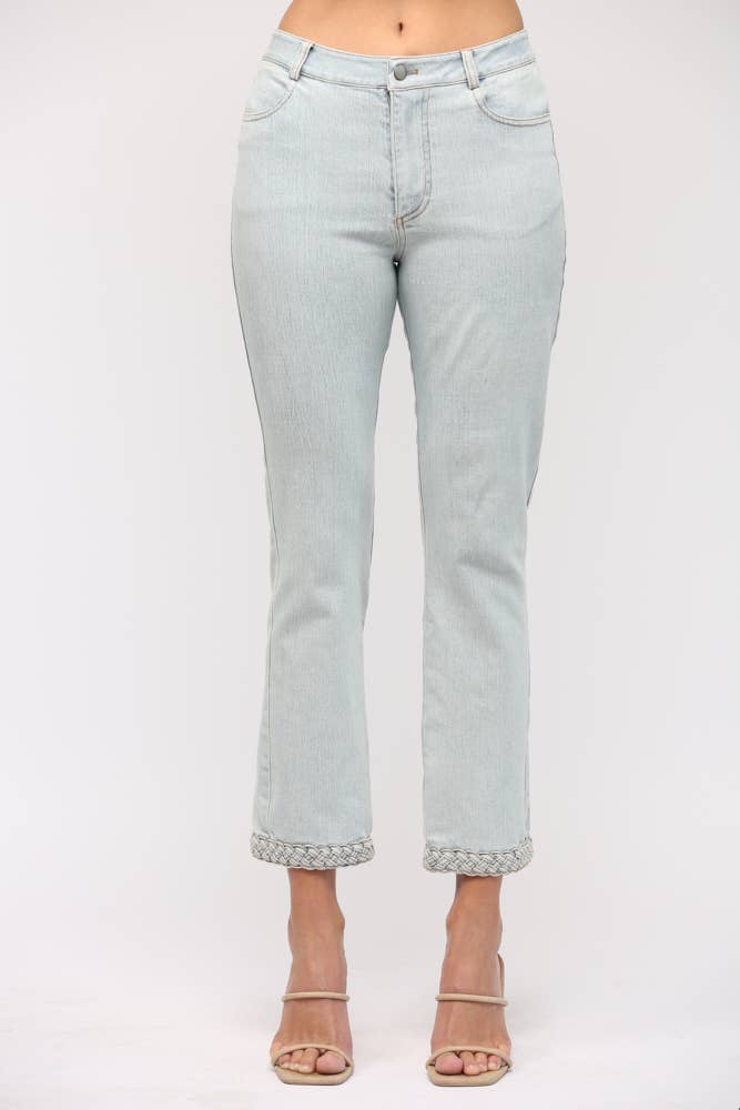 BRAIDED HEM DETAIL FLARE DENIM PANT