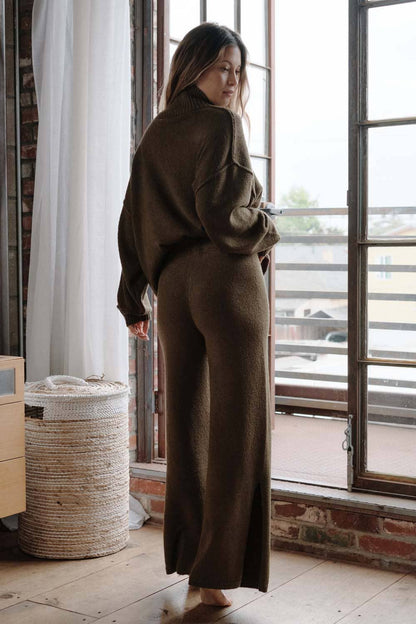 Textured Knit Split-Hem Drawstring Sweater Pants