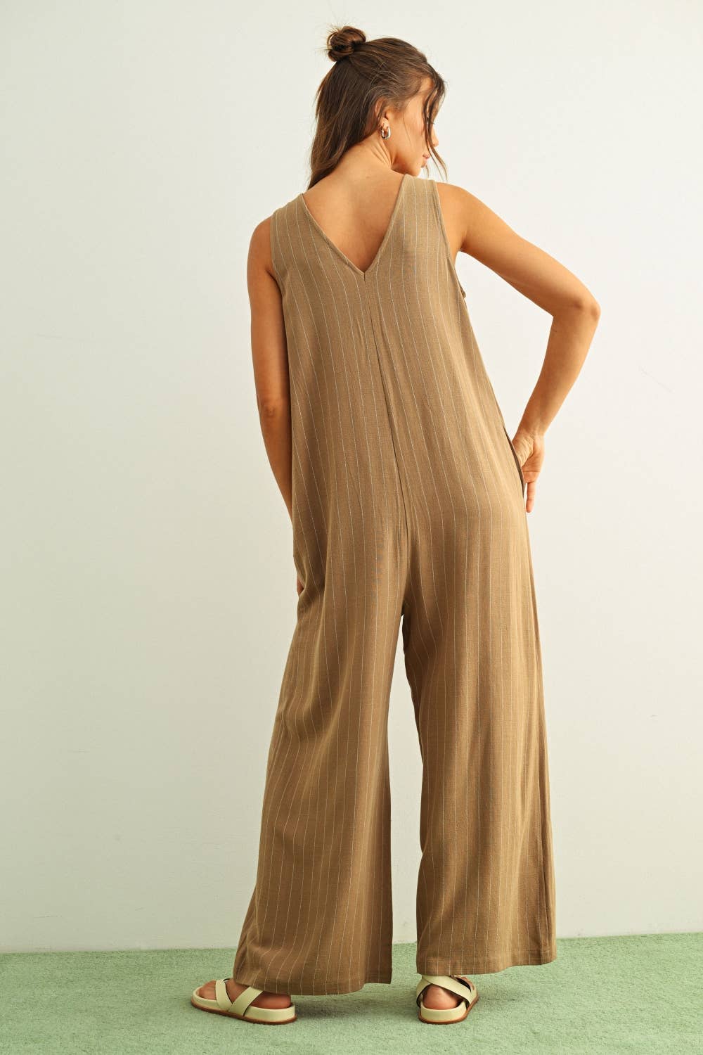 STRIPED PATTERN BUTTON FRONT JUMPSUIT