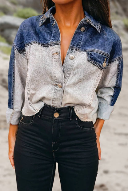 Color Block Raw Hem Lightweight Denim Jacket