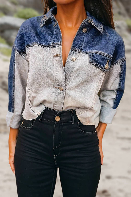 Color Block Raw Hem Lightweight Denim Jacket