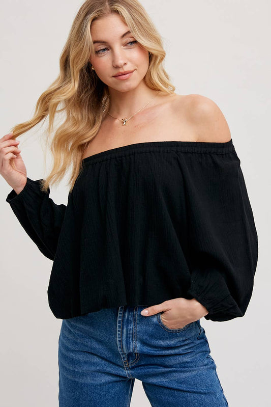 LINEN OFF THE SHOULDER BALLOON HEM TOP