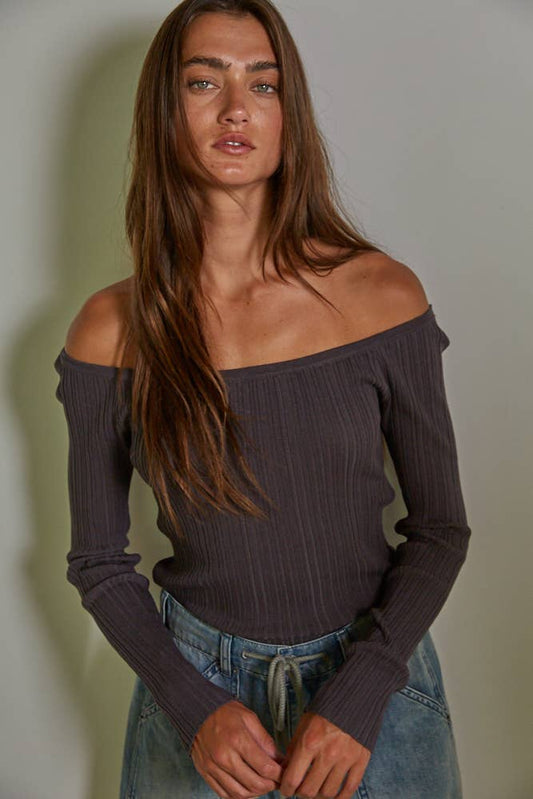 Knit Sweater Ribbed Off The Shoulder Long Sleeve Top