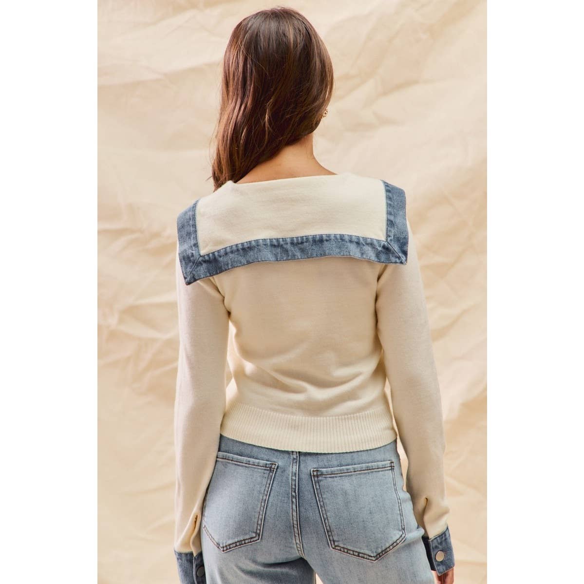 Denim Detail Cardigan Sweater