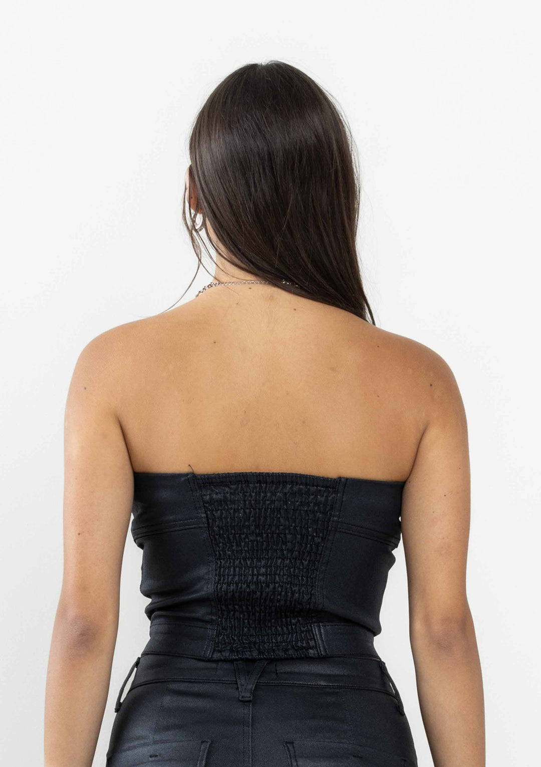 Black Coated Denim Strapless Top