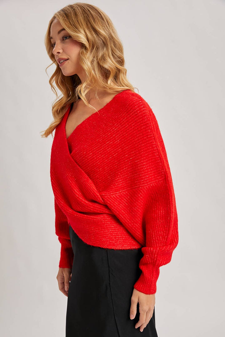 WRAP CROSSOVER RIBBED FUZZY KNIT SWEATER PULLOVER