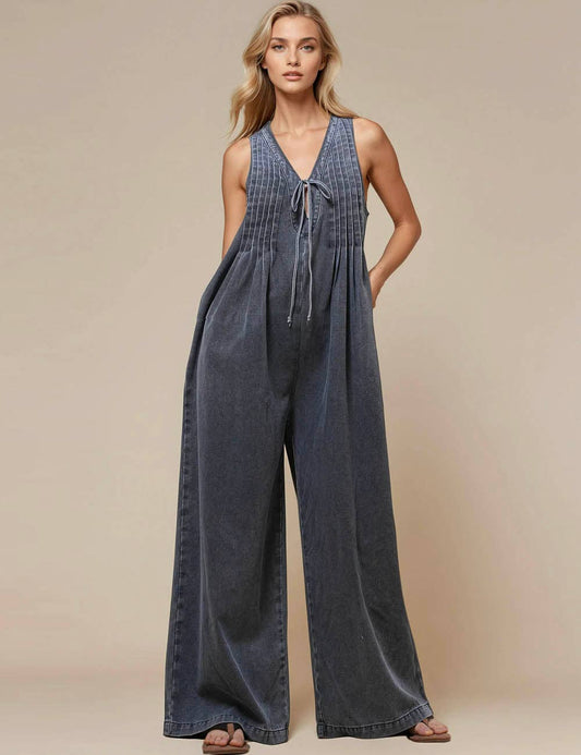 V-Neck Sleeveless String Tie Jumpsuit