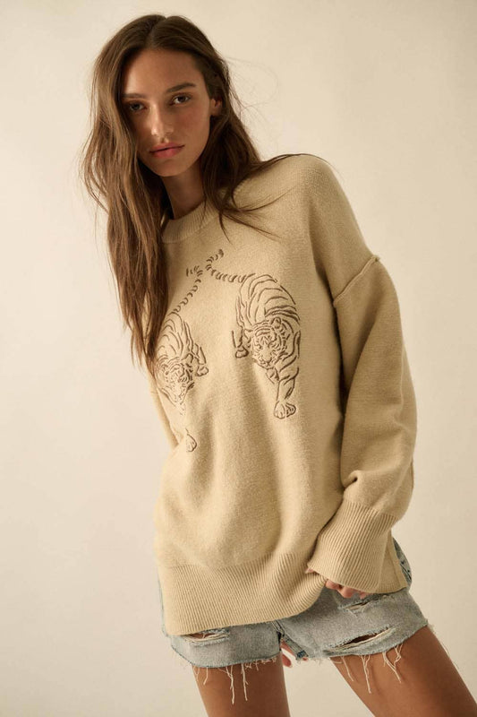 Embroidered Tigers Solid Knit Exposed-Seam Sweater