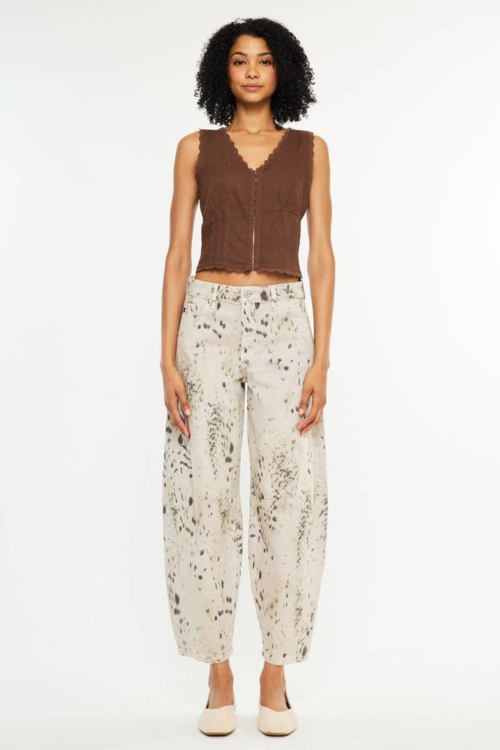 High Rise Abstract-Leopard Print Barrel Jean