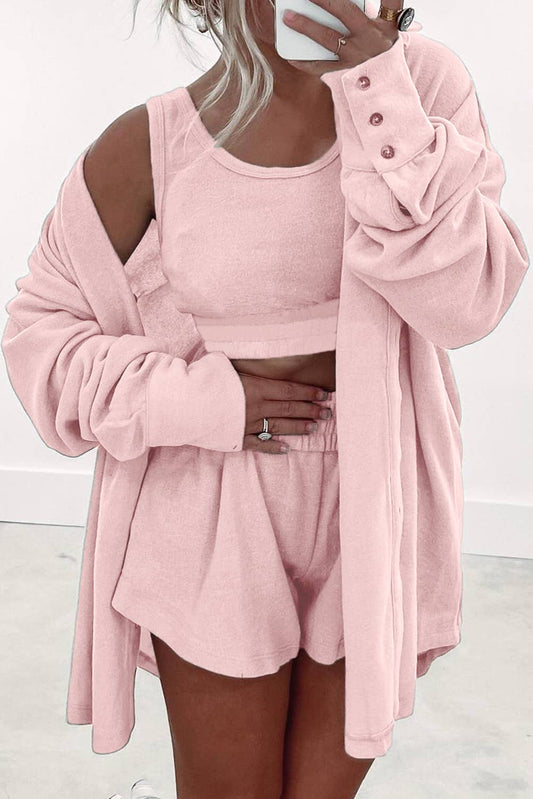 3 Piece Crop Tank Shorts with Cardigan Lounge Set