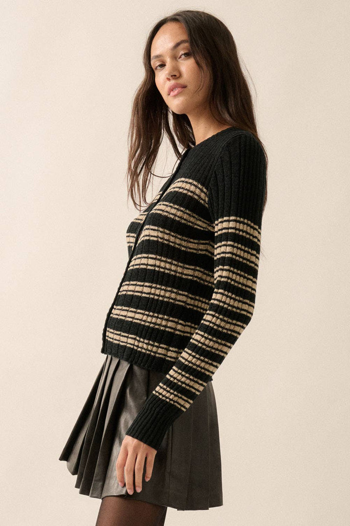 Striped Buttoned Rib-Knit Top