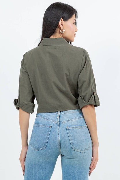 Flap Pocket Tie Front Knot Cropped Shirt