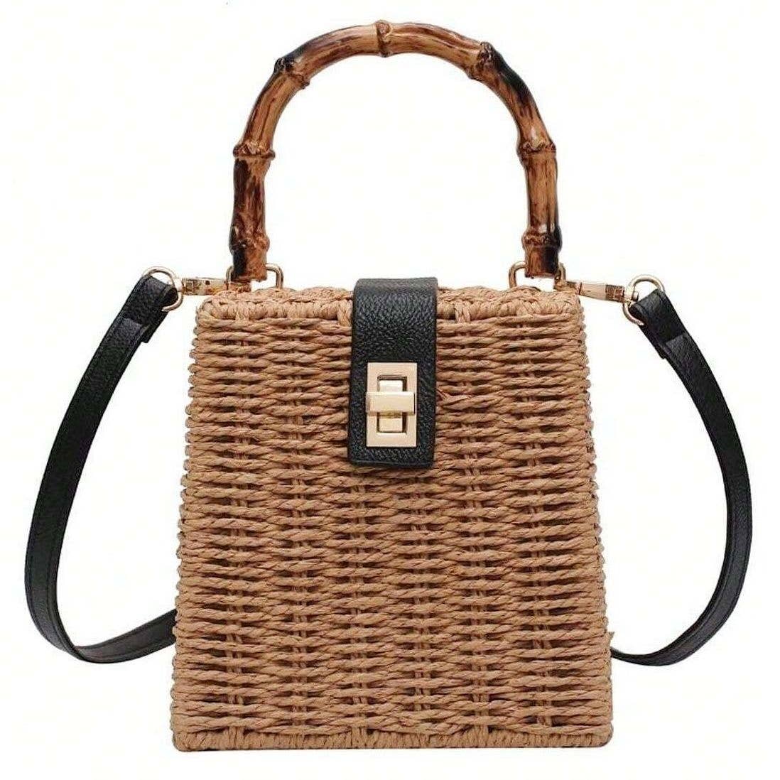 Bamboo Handle Woven Rattan Straw Wicker Shoulder Bag