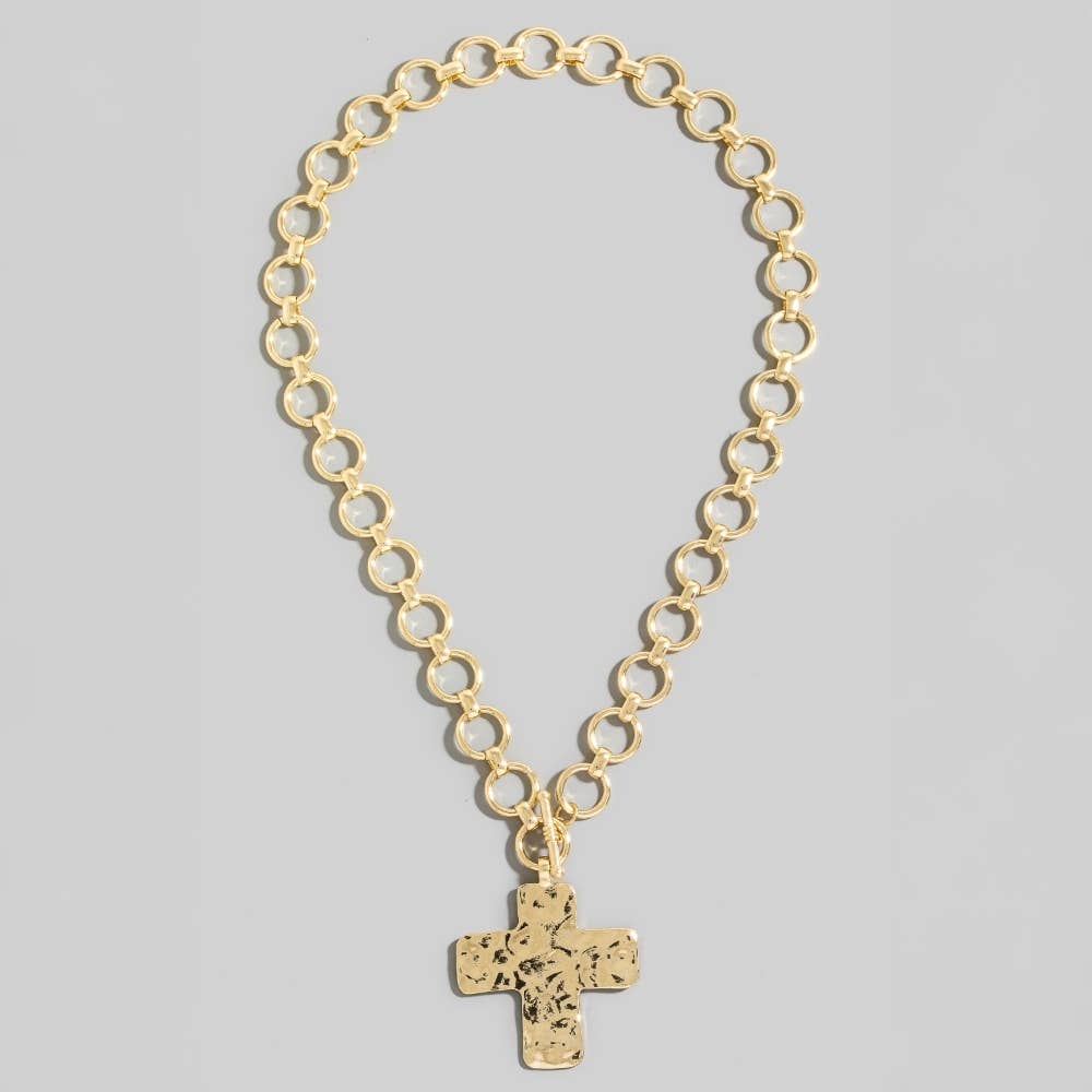 Gold Hammered Cross  Toggle  Necklace