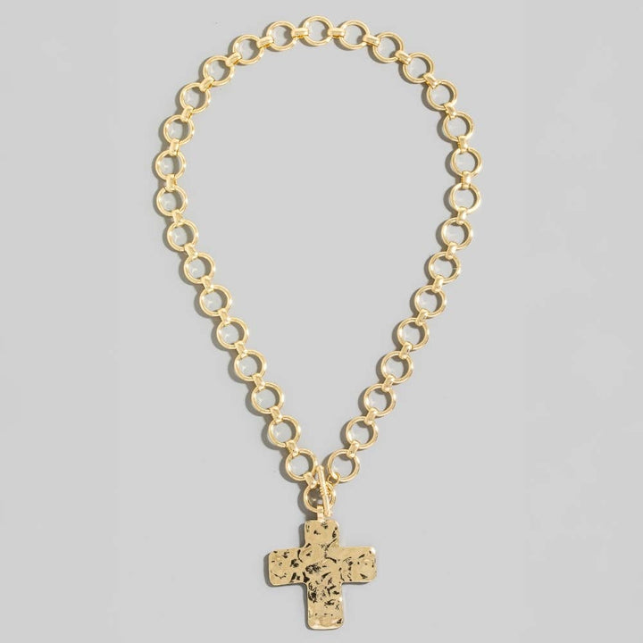 Gold Hammered Cross  Toggle  Necklace