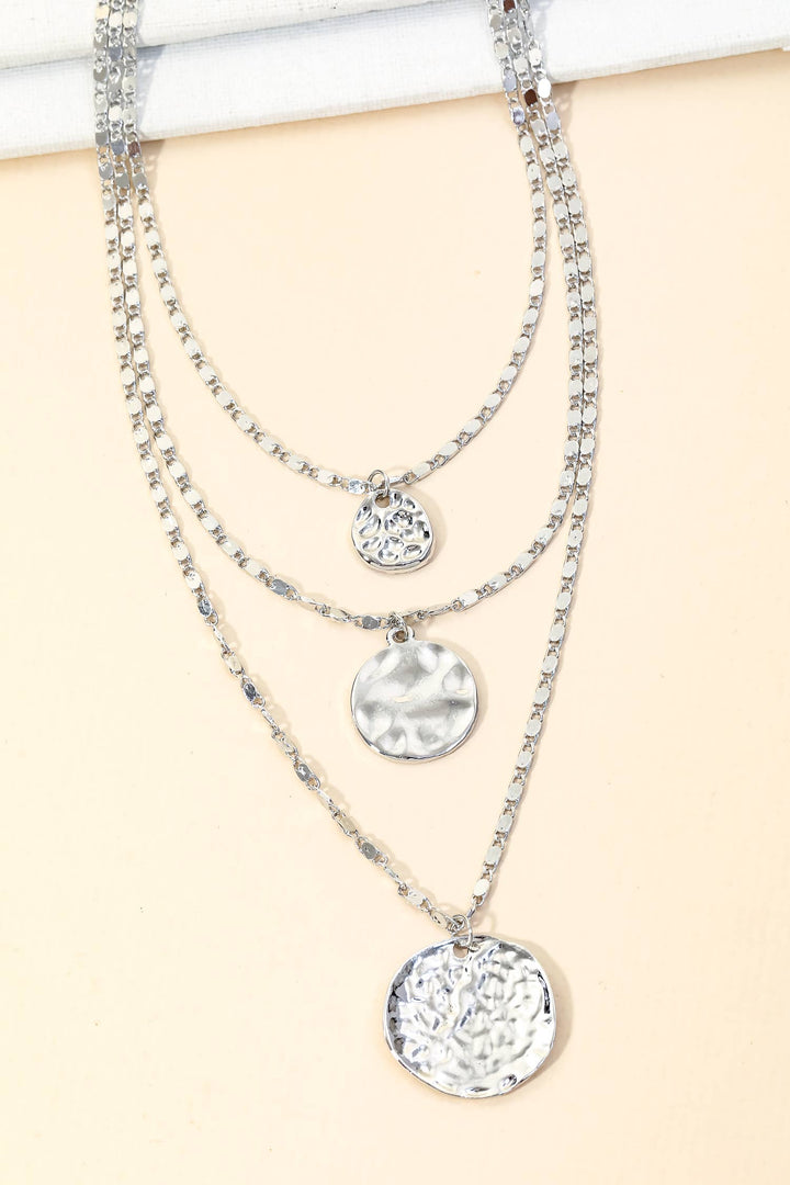 Layered Chain Hammered Coin Pendant Necklace