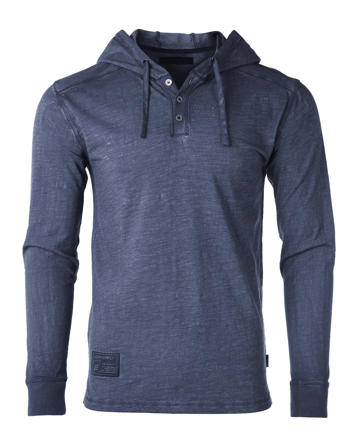 Mens Garment Dyed Casual Long Sleeve Henley Hoodie