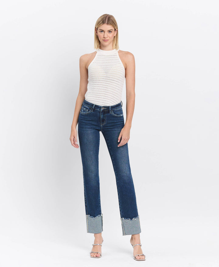 MID RISE CUFFED SLIM STRAIGHT JEANS