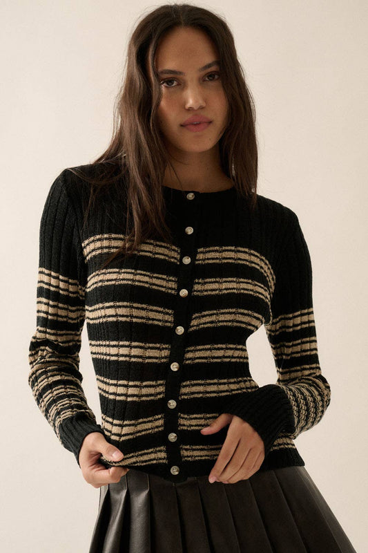 Striped Buttoned Rib-Knit Top