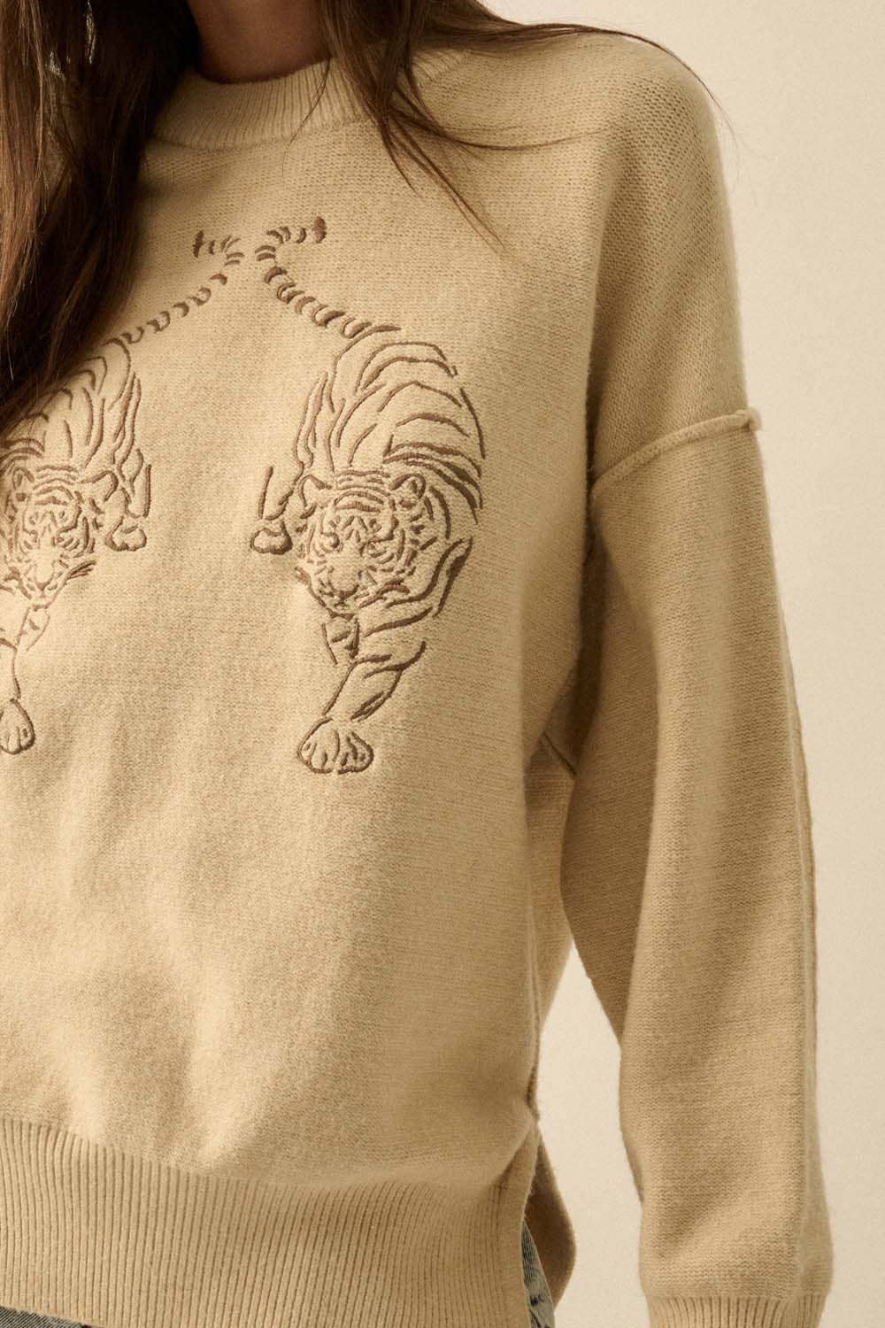Embroidered Tigers Solid Knit Exposed-Seam Sweater