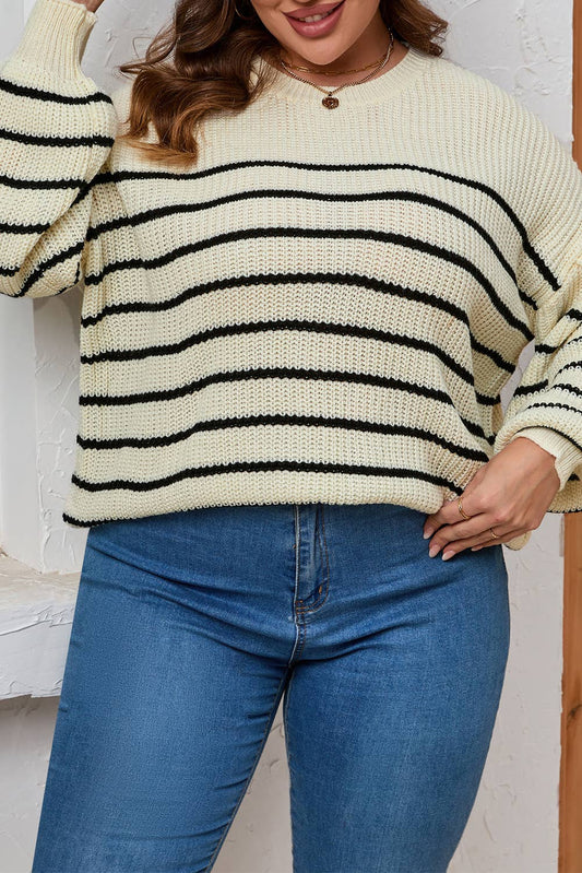 Khaki Plus Size Striped Drop Shoulder Puff Sleeve Sweater