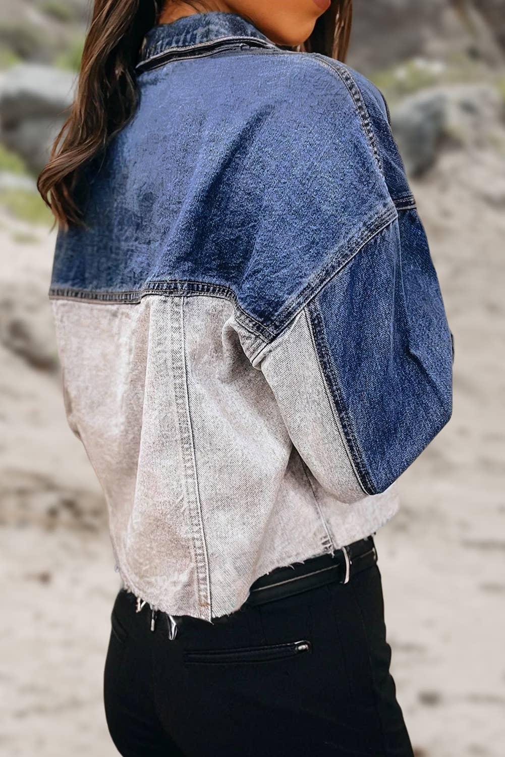 Color Block Raw Hem Lightweight Denim Jacket