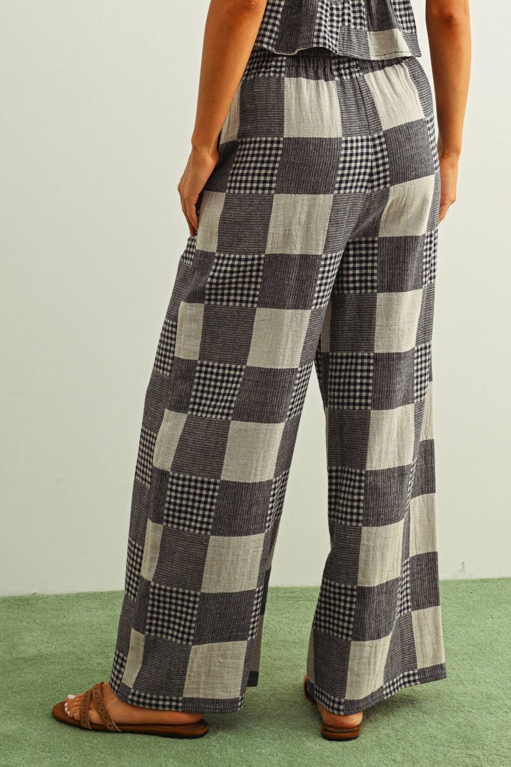 GINGHAM AND STRIPE PATCH EFFECT PANTS