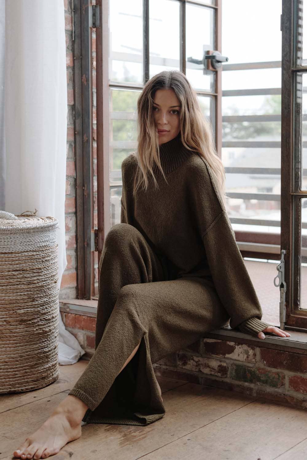 Textured Knit Exposed-Seam Mock-Neck Sweater