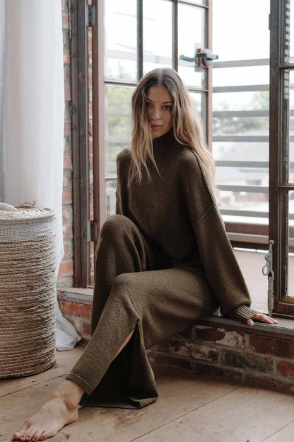 Textured Knit Exposed-Seam Mock-Neck Sweater