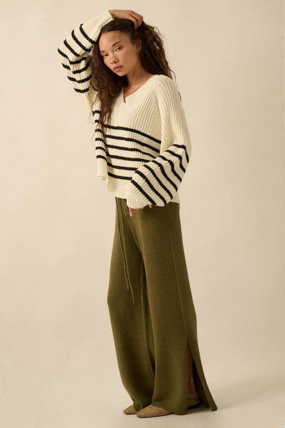 Textured Knit Split-Hem Drawstring Sweater Pants