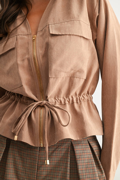 Lightweight Taupe Drawstring Utility Jacket