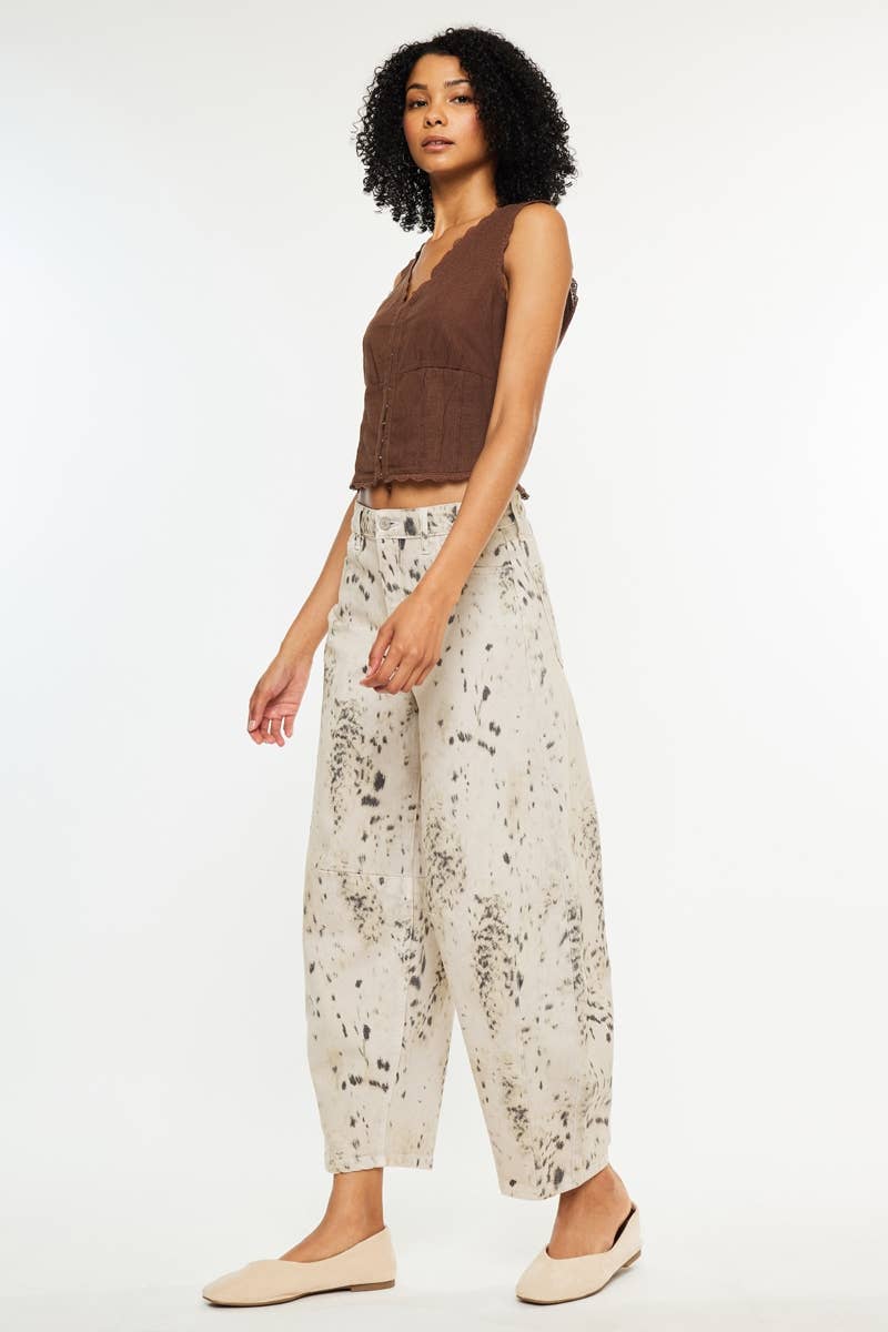 High Rise Abstract-Leopard Print Barrel Jean