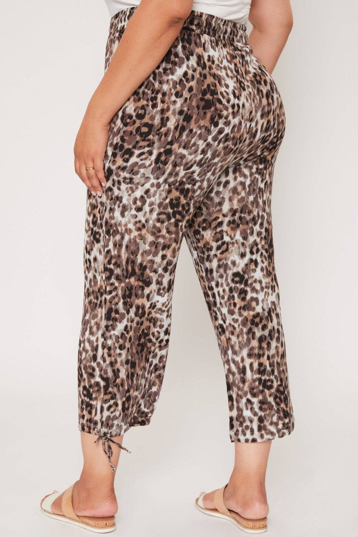 Plus Size Leopard Print Linen Elastic Waist Flood With Drawstring
