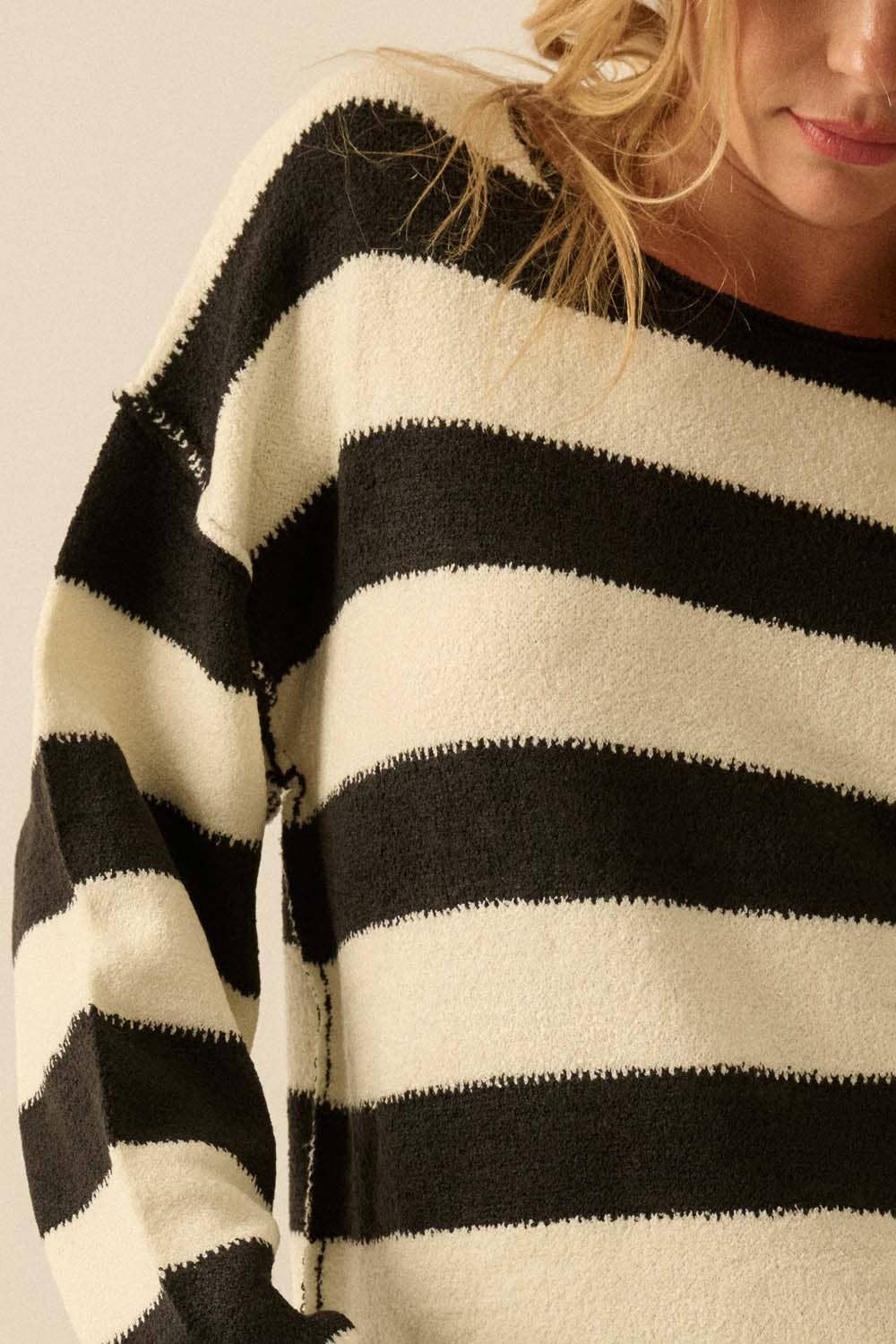 Textured Striped Knit Rolled-Edge Sweater