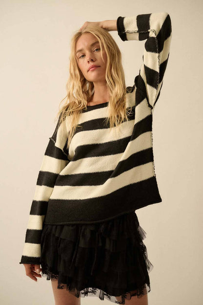 Textured Striped Knit Rolled-Edge Sweater