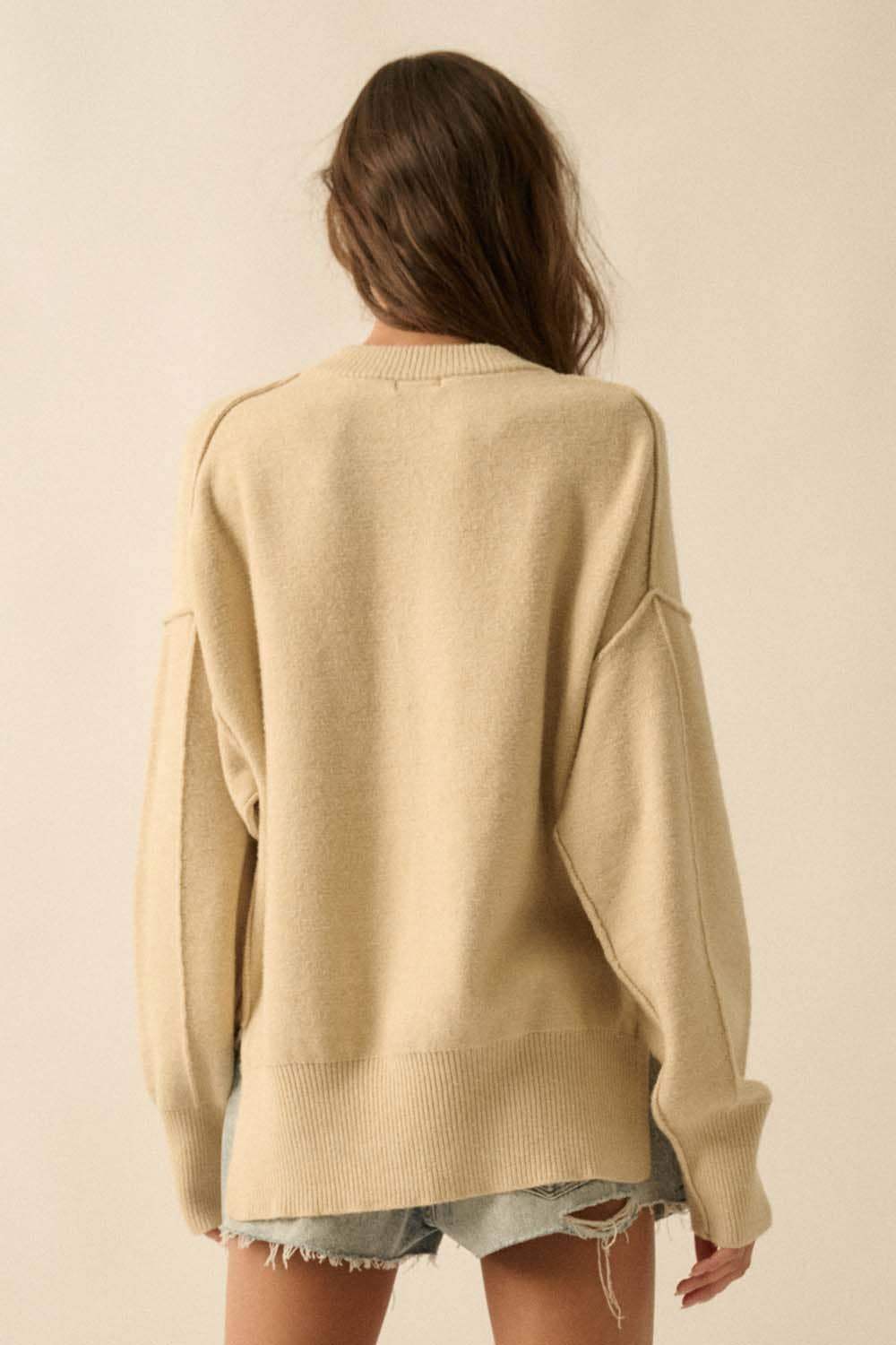 Embroidered Tigers Solid Knit Exposed-Seam Sweater