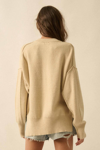 Embroidered Tigers Solid Knit Exposed-Seam Sweater